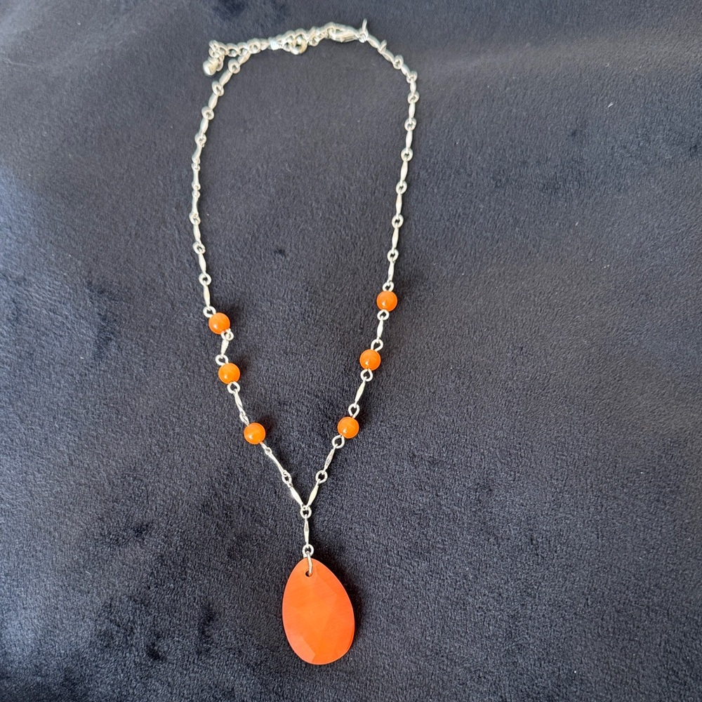 Avon Silver-Tone Necklace with Orange Beads and Teardrop Pendant